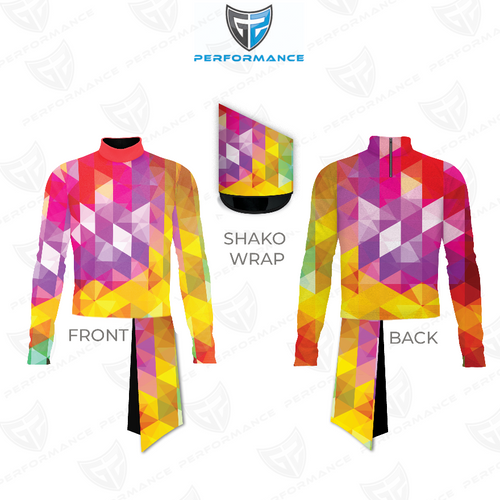 Marching Band Flow Flex Performance Top G039 shown in front and back views with matching shako wrap, featuring a bold multicolor geometric pattern in pink, yellow, orange, and purple, designed with a high collar, long sleeves, and flexible performance fabric for precision marching band uniforms and maximum visual impact on the field.