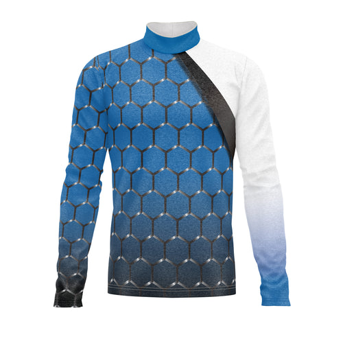 Marching Band Flow Flex Performance Top G005.1 Blue featuring a blue and white geometric hex pattern with long sleeves and a mock neck, designed for flexible, lightweight performance wear for marching band uniforms.