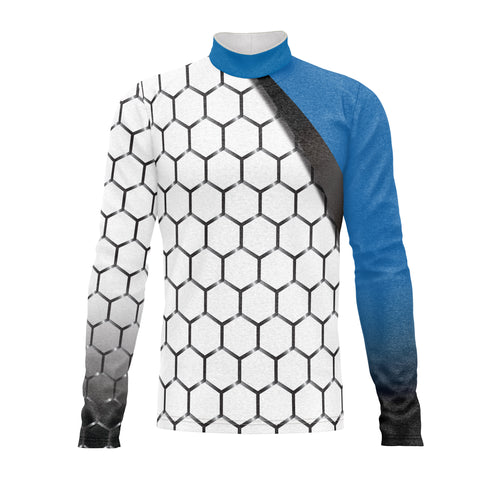 Marching Band Flow Flex Performance Top G005.2 White featuring a white geometric hex pattern with blue accent sleeve and mock neck, designed for lightweight flexibility, breathability, and high-performance marching band uniforms.