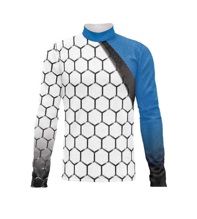 Marching Band Flow Flex Performance Top G005.2 White featuring a white geometric hex pattern with blue accent sleeve and mock neck, designed for lightweight flexibility, breathability, and high-performance marching band uniforms.