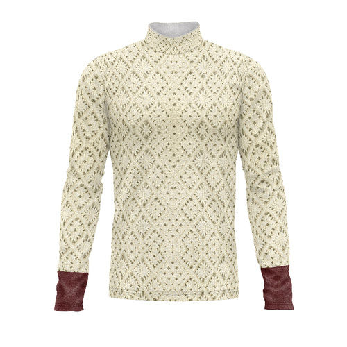 A digital print of a beige and brown patterned top with long sleeves and high collar, likely made from a polyester fabric.