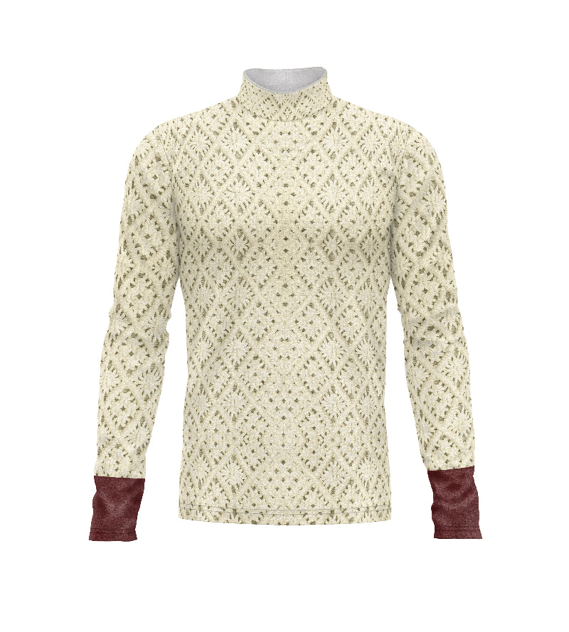 A digital print of a beige and brown patterned top with long sleeves and high collar, likely made from a polyester fabric.