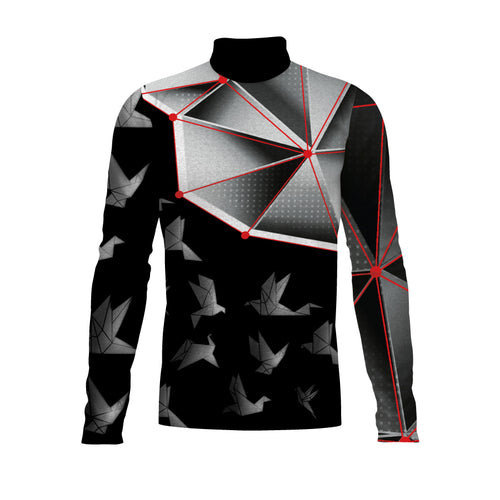 Long-sleeve shirt with geometric black, gray, and red pattern on a white background