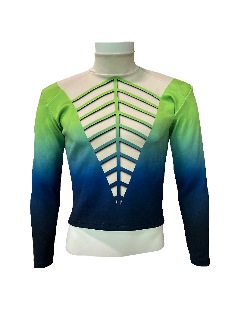 A color guard top featuring a vibrant gradient blend of green and blue with a unique cutout design on the front and a honeycomb pattern on the back. The top includes a zipper closure and a subtle logo detail.