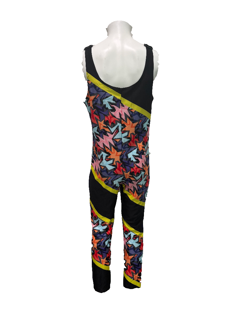 Colorful jumpsuit with geometric pattern on a mannequin against a white background