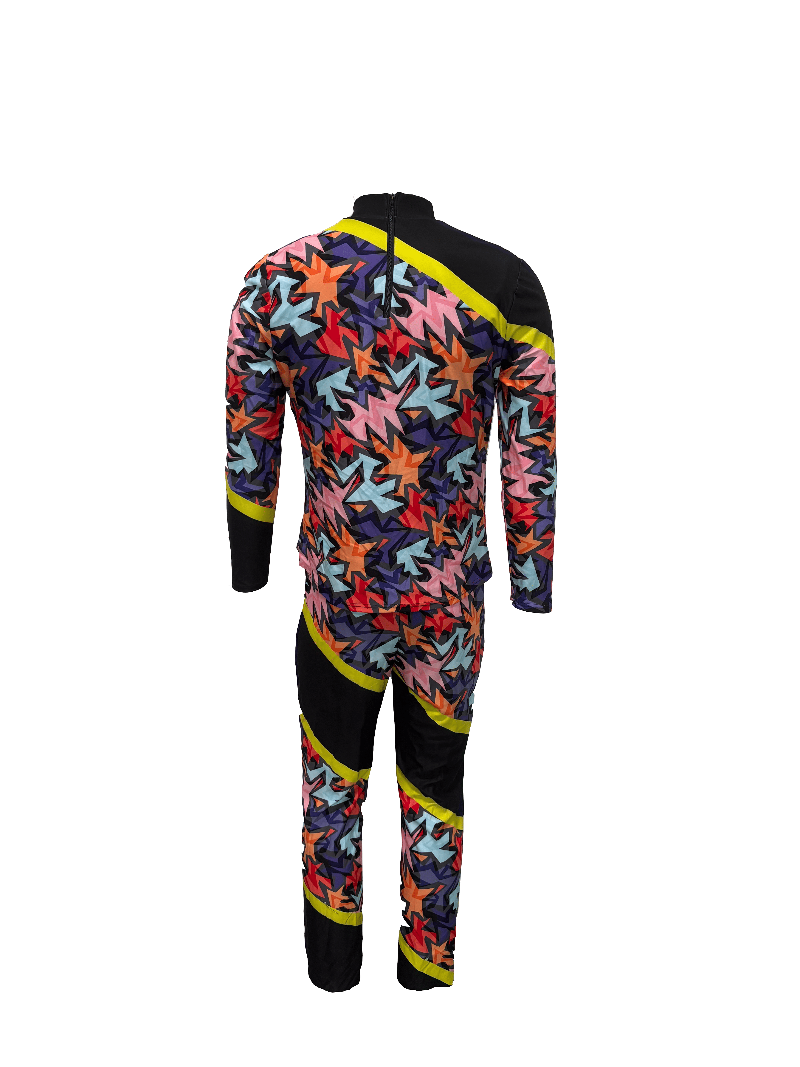 Colorful patterned onesie with long sleeves on a white background