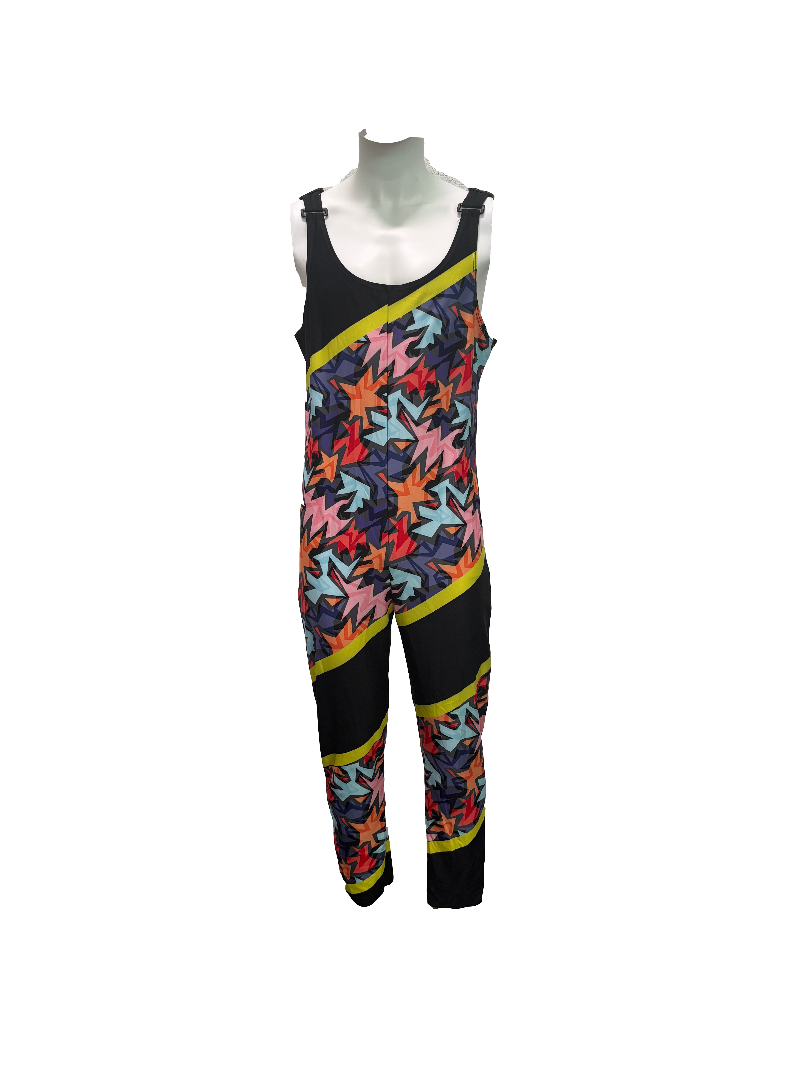 Colorful patterned ski suit on a mannequin against a white background