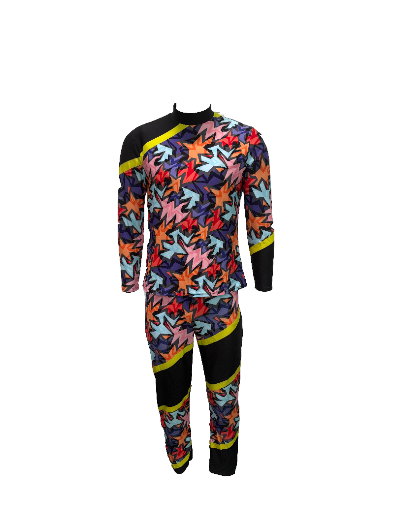 Colorful long-sleeve shirt and pants set with star pattern on a white background