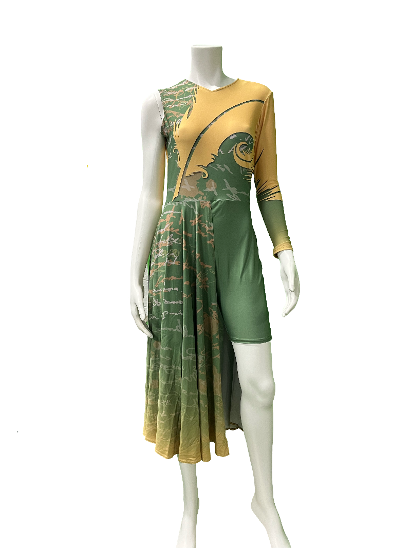 A guard outfit featuring a floral design with green and gold colors, asymmetrical design, and a striking feather on the front.