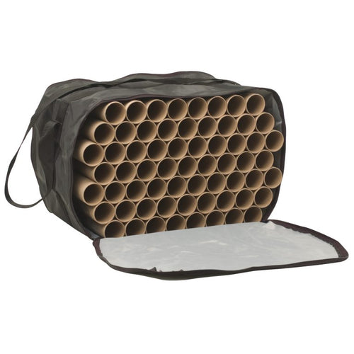 DSI replacement plume case bag (bag only) shown open with internal cardboard tube organizer, durable black fabric, zippered access, and carry handles for storing and transporting marching band plumes.