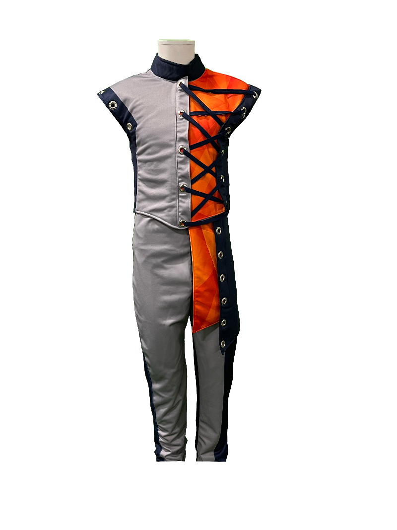 A mannequin displaying a grey and orange sports uniform, consisting of a shirt, pants, and a tie.