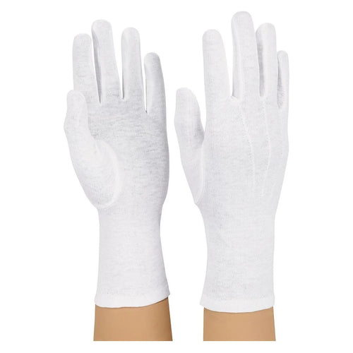 StylePlus long wrist cotton gloves in white with full-finger coverage, featuring an extended cuff for added wrist protection—crafted from soft, breathable cotton for comfort and durability, ideal for military use, marching bands, honor guards, ceremonial uniforms, color guards, and formal performances.