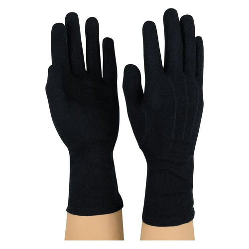 StylePlus long wrist cotton gloves in black with full-finger coverage and extended cuff, made from soft, breathable cotton for a secure and comfortable fit—ideal for military use, marching bands, honor guards, ceremonial uniforms, color guard performances, and formal events.