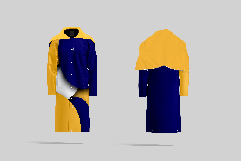 TempoShield Raincoat T11 front and rear view highlighting a full-length waterproof marching band raincoat with deep blue and mustard yellow color blocking, curved white accent panel on the front, hooded shoulder cape, and durable all-weather construction for outdoor band performances.