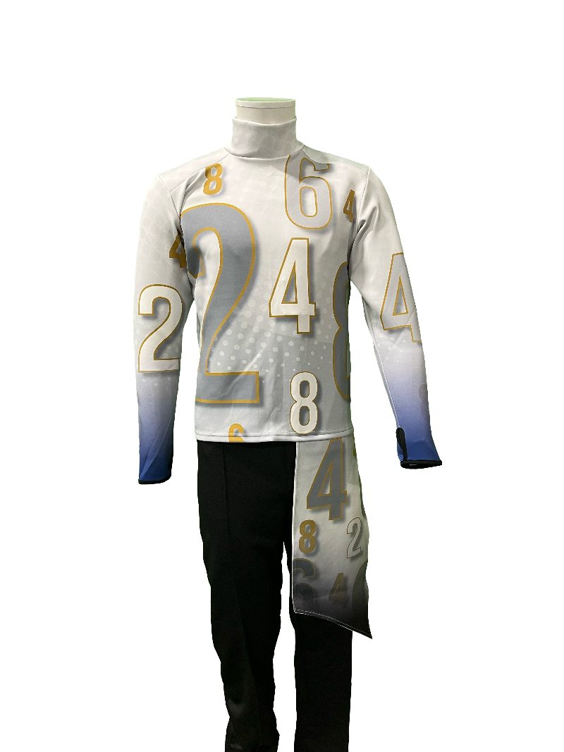 A short-sleeved band shirt with a bold blue block design and numbers incorporated into the fabric, displayed on a mannequin.