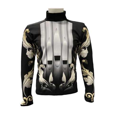 A black band top with a geometric and floral pattern, featuring gold and silver accents on the sleeves.