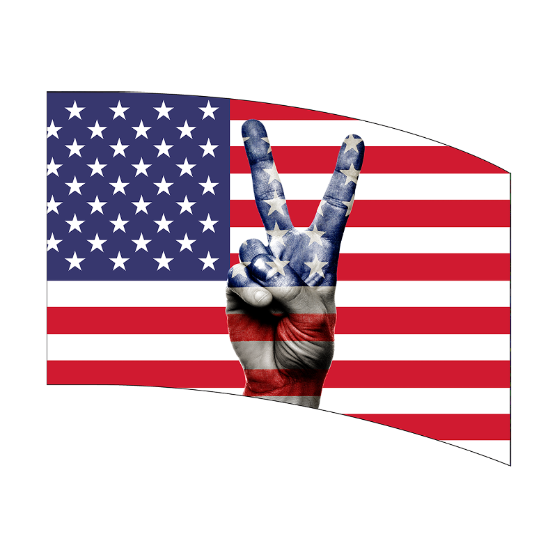 American flag with a hand making a peace sign