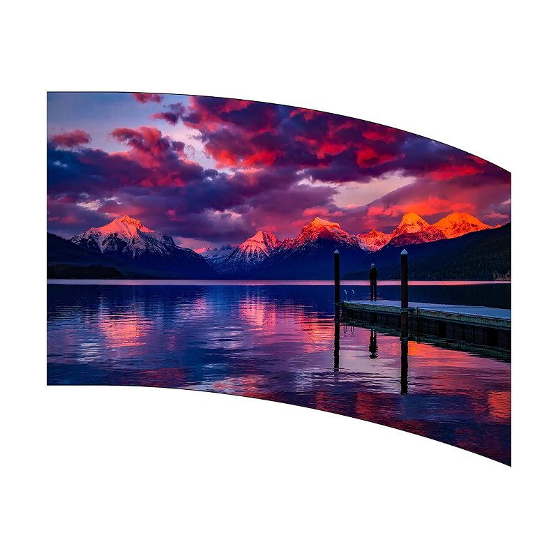 Curved wall art of a mountain landscape with a dock at sunset.