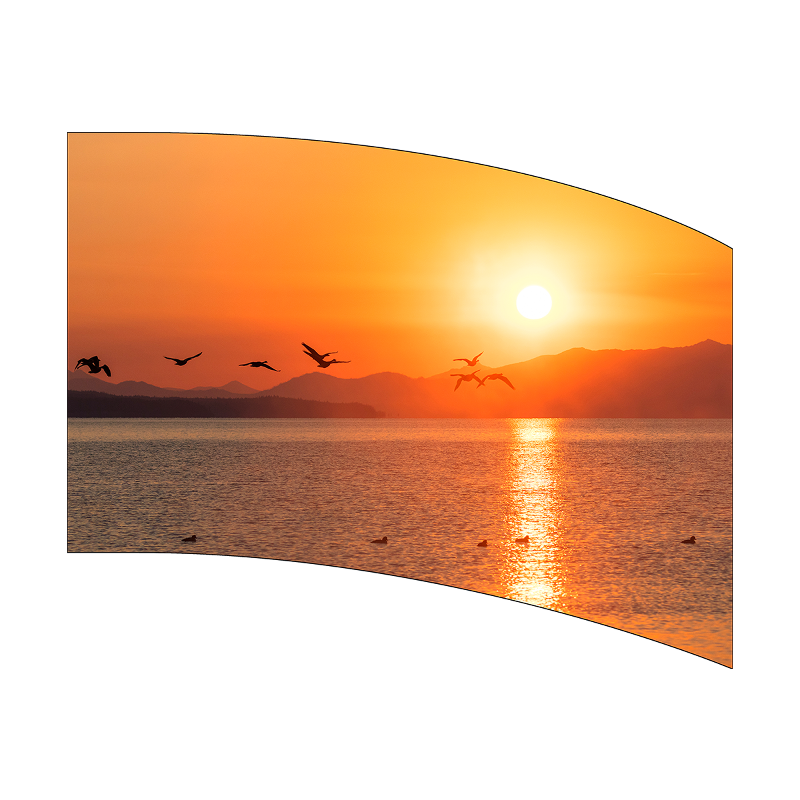 Sunset over water with birds flying, curved screen design