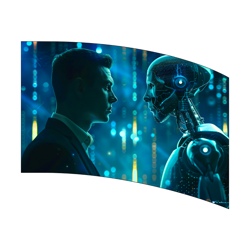 Man and robot facing each other with digital background