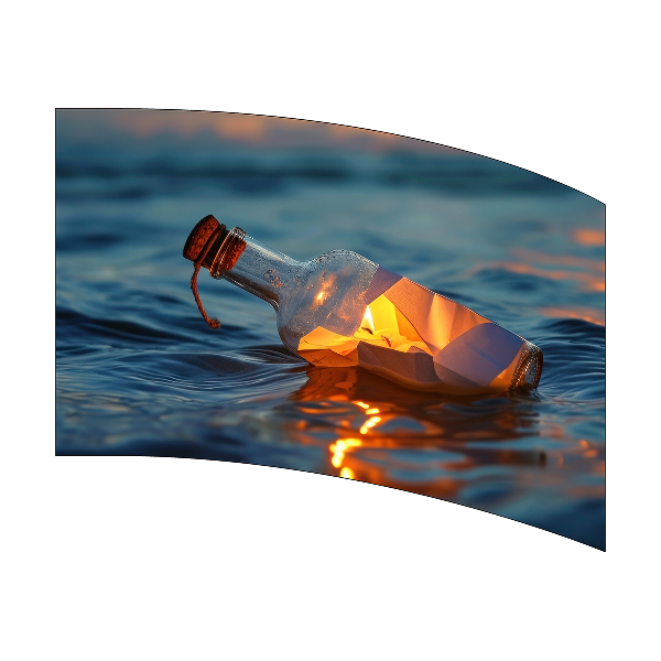 Glass bottle with a lit candle inside floating on water at sunset.