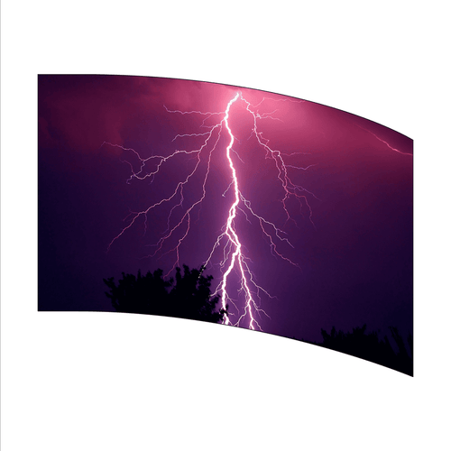 Curved screen displaying a vibrant depiction of lightning against a dark purple background.