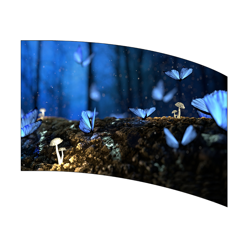 Curved screen displaying a fantasy scene with blue butterflies and mushrooms on a dark background.