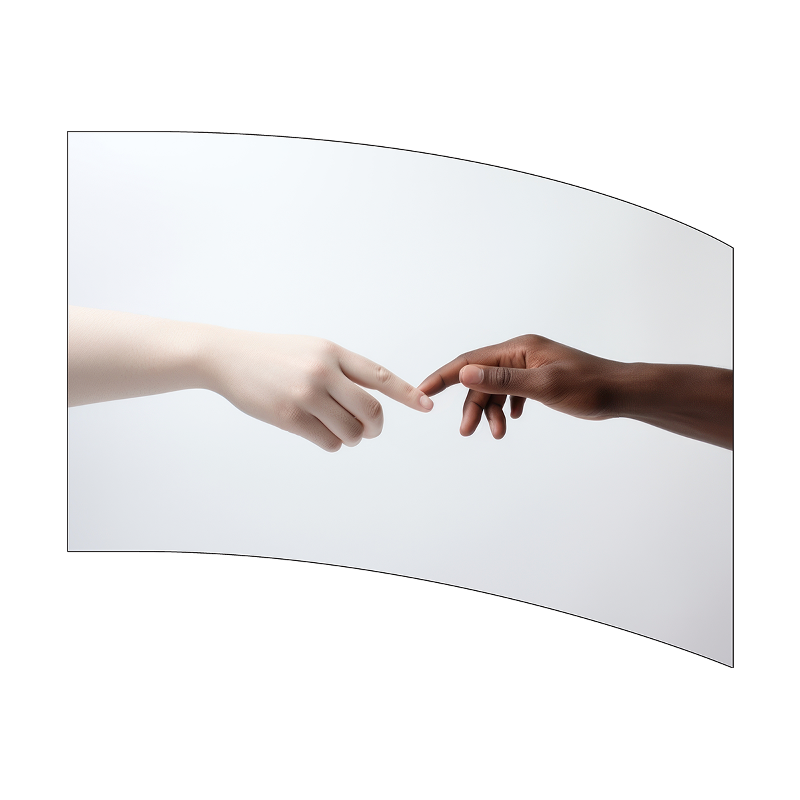 Two hands reaching towards each other on a curved white surface