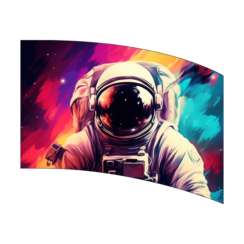 Colorful abstract design with an astronaut in space on a curved surface.