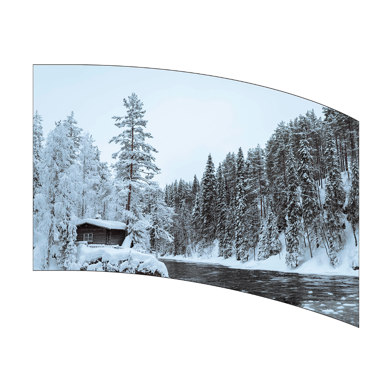 Curved TV screen displaying a snowy forest scene with a cabin.