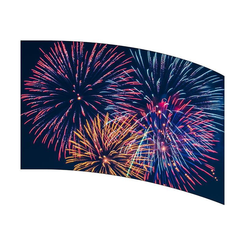 Colorful fireworks display on a curved screen against a dark background