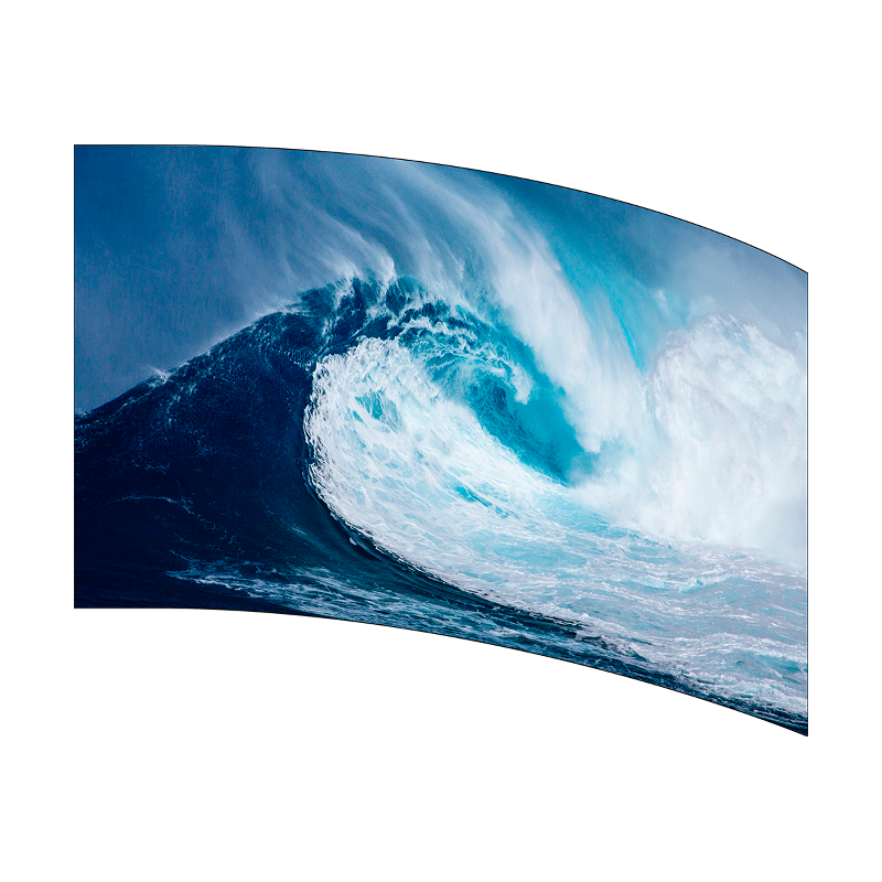 Curved TV screen displaying a large wave in the ocean