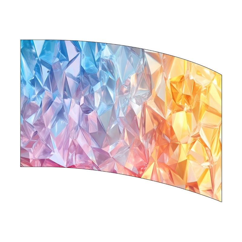 Curved display with colorful crystal-like pattern on a white background