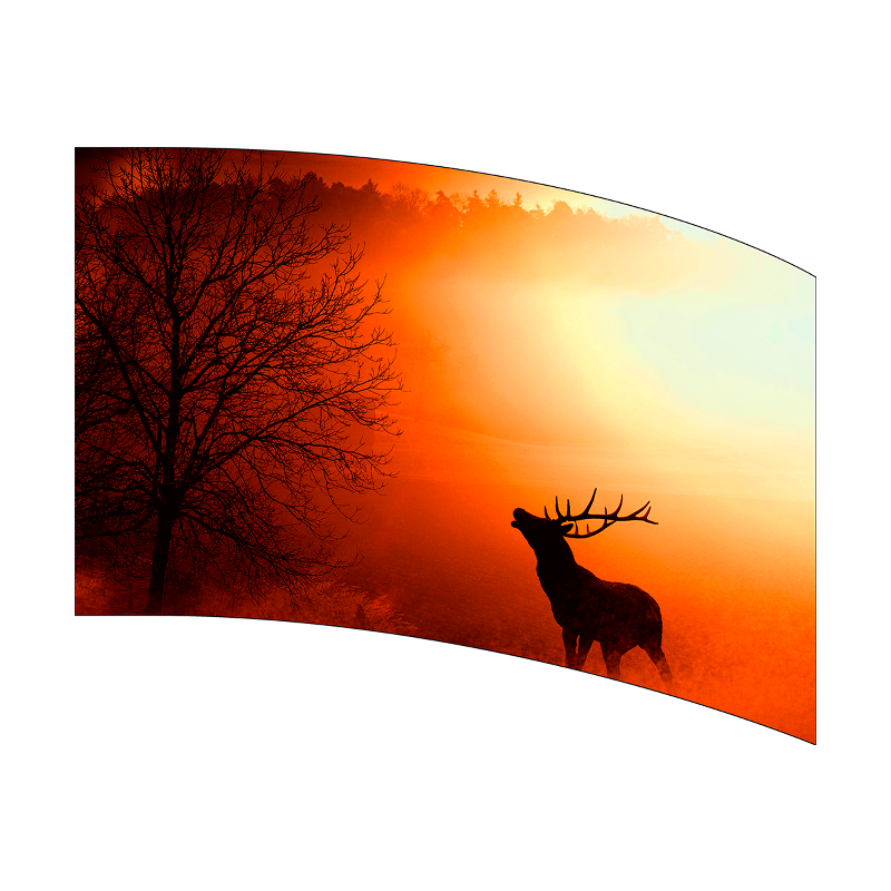 Silhouette of a deer against a vibrant sunset with a tree on a white background
