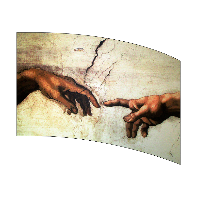 Famous artwork of two hands reaching towards each other on a curved surface.