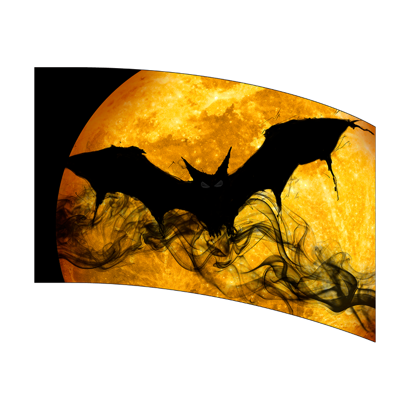Two black bats flying against a yellow moonlit sky with black smoke effects.