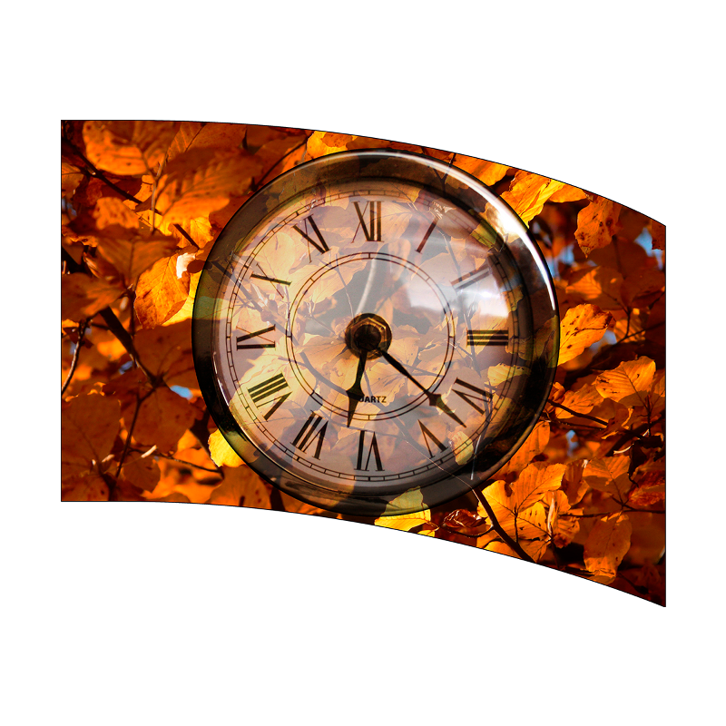 Decorative clock with Roman numerals surrounded by autumn leaves on a white background