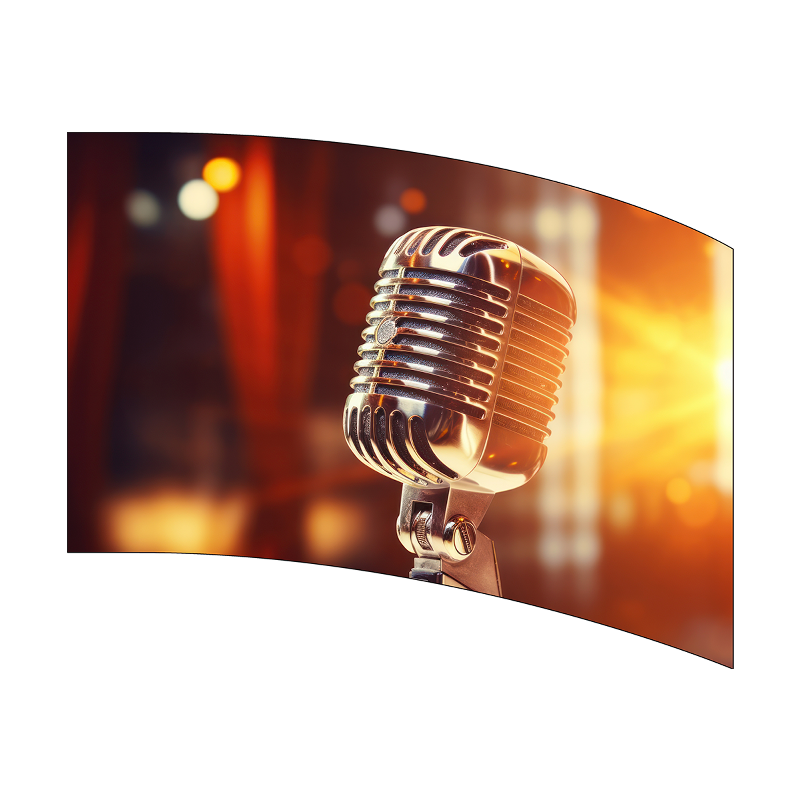 Vintage-style microphone against a blurred stage background with warm lighting