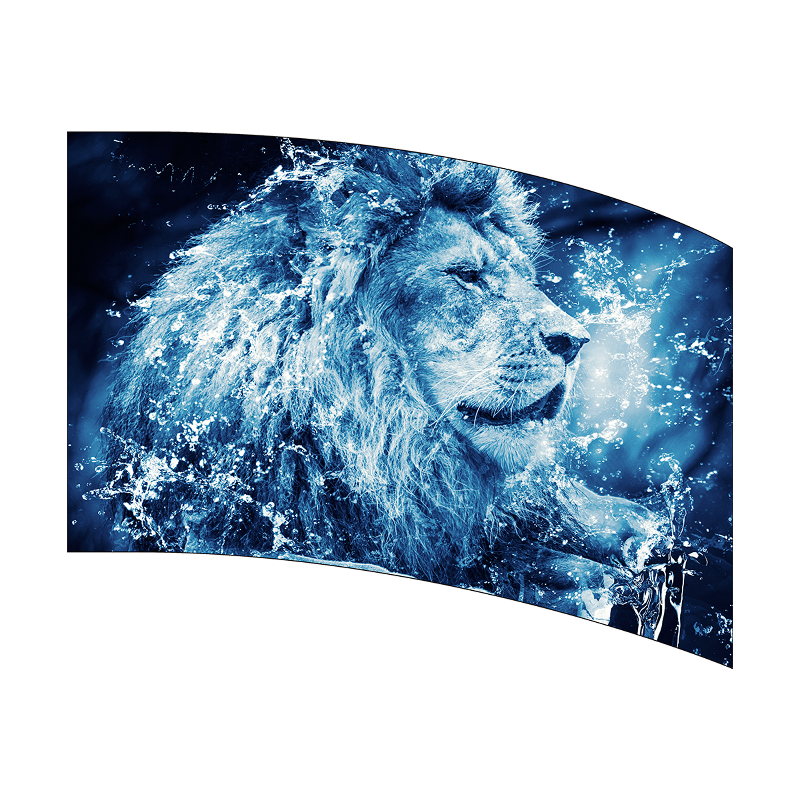Curved digital display with a blue lion design on a white background