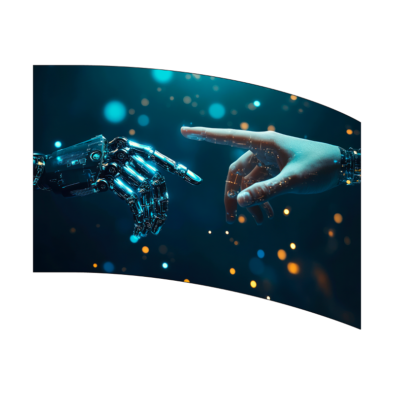 Artistic depiction of a robot hand and a human hand reaching towards each other on a dark background with glowing effects.