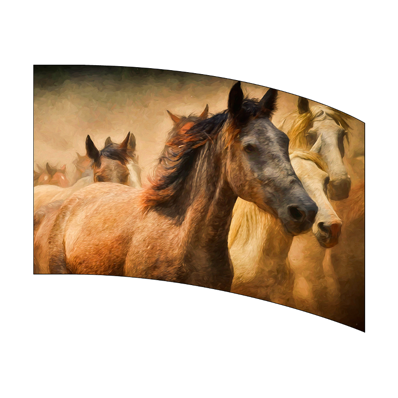 Curved wall art depicting a group of horses in a field