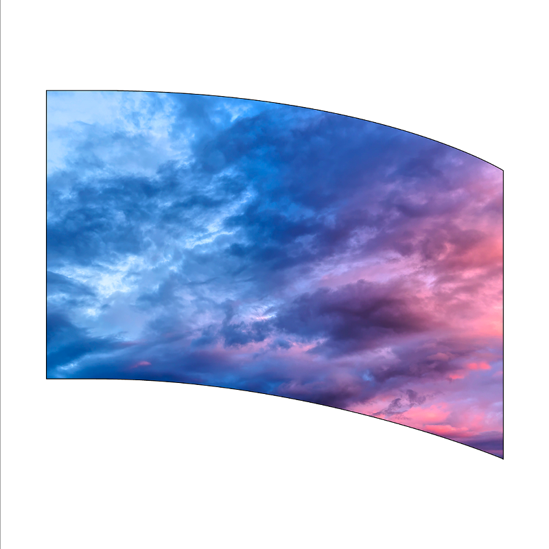 Curved screen displaying a colorful sky with blue, pink, and purple hues.