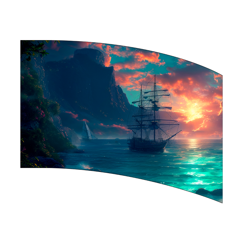 Sailing ship at sunset with a mountainous island in the background