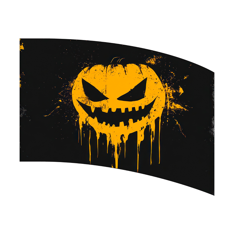 Black and yellow Halloween-themed design with a pumpkin face on a black background