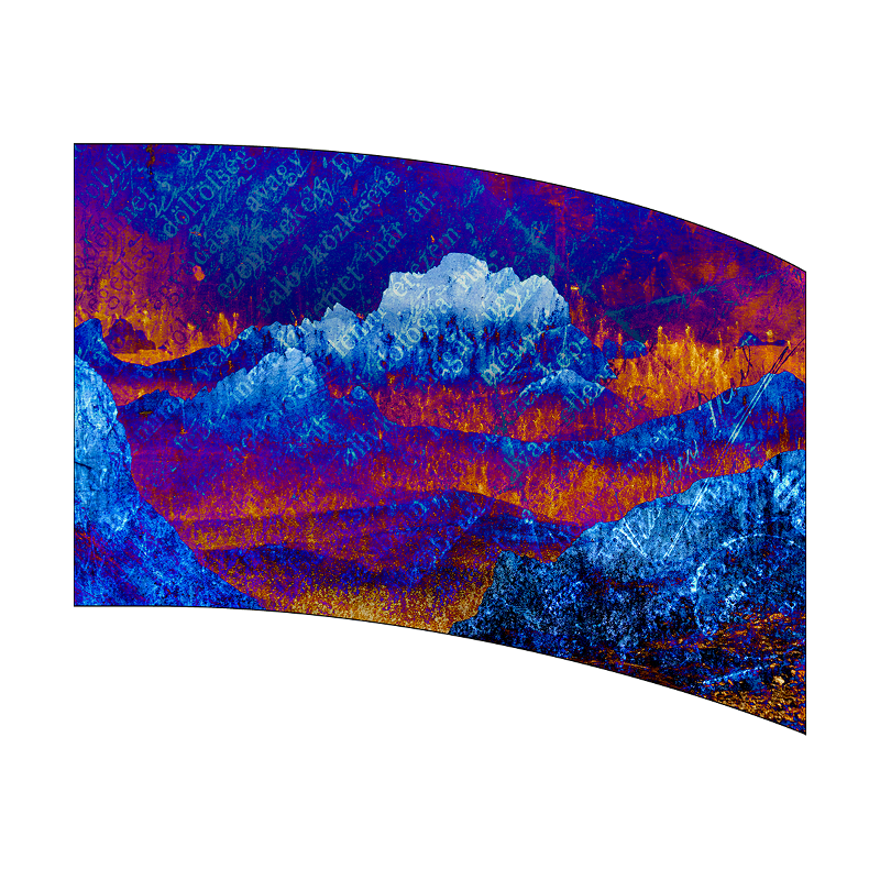 Colorful abstract art piece with vibrant blue, purple, and orange hues on a white background