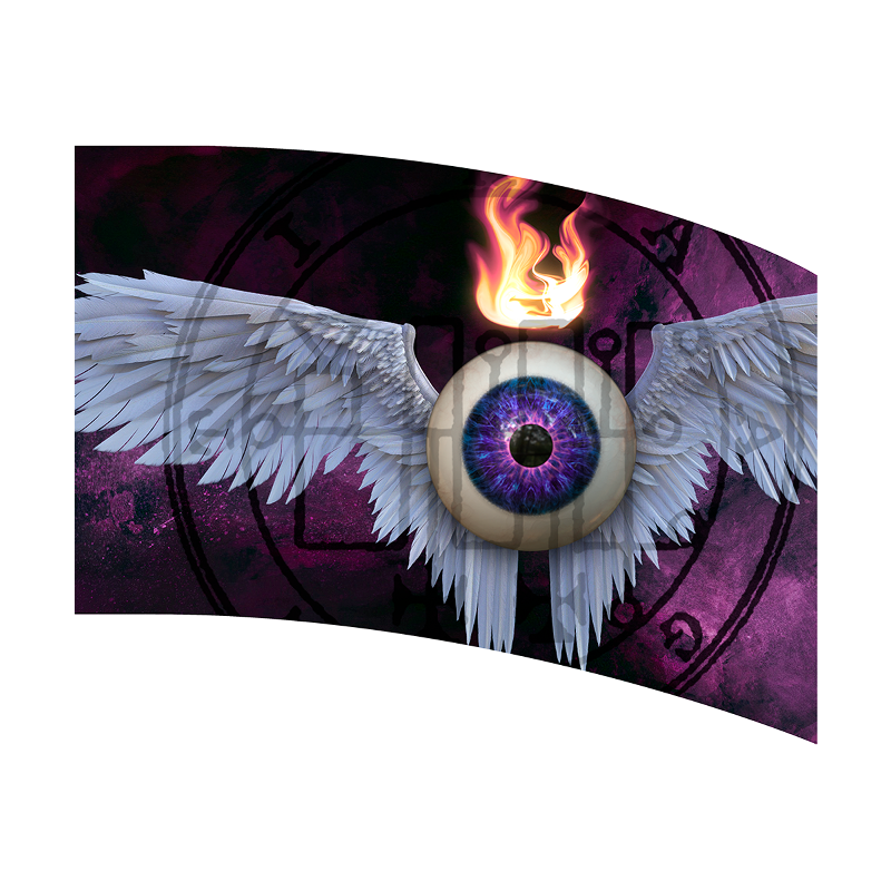 Design with white wings, a flaming eye, and purple background