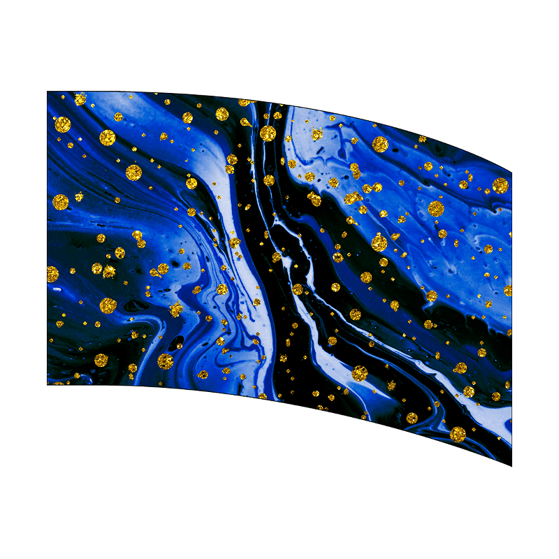 Abstract design with blue and black colors and gold specks on a white background