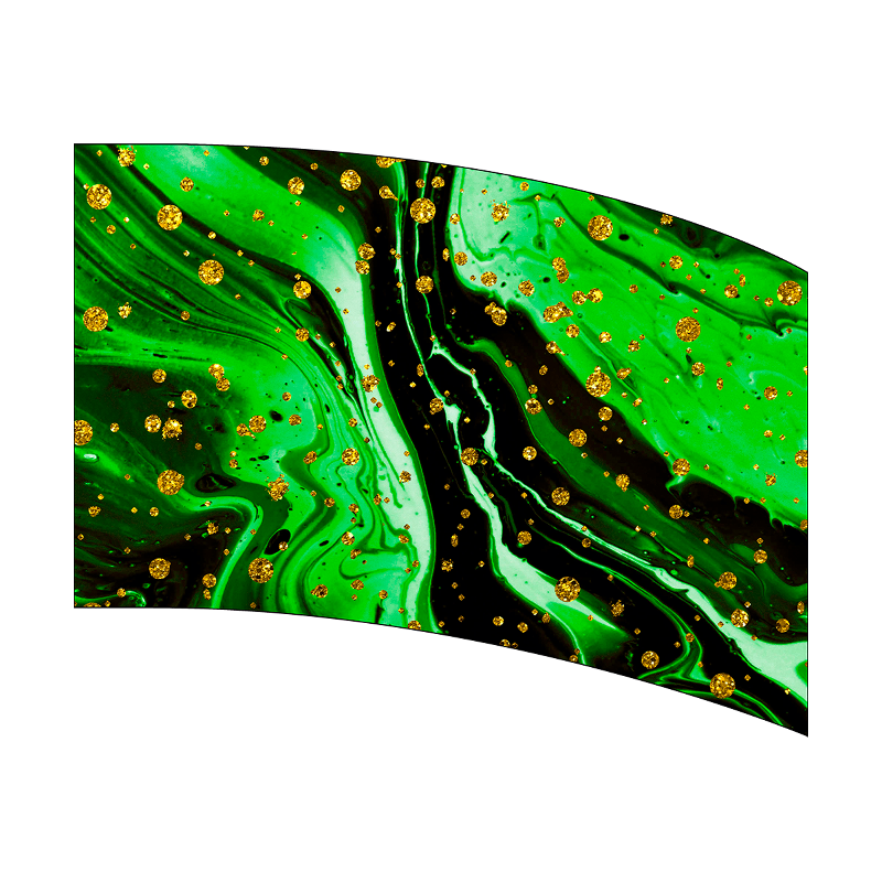 Abstract design with green and black colors and gold specks on a white background