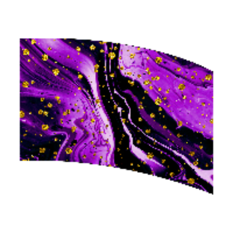 Abstract design with purple and black swirls and gold dots on a white background