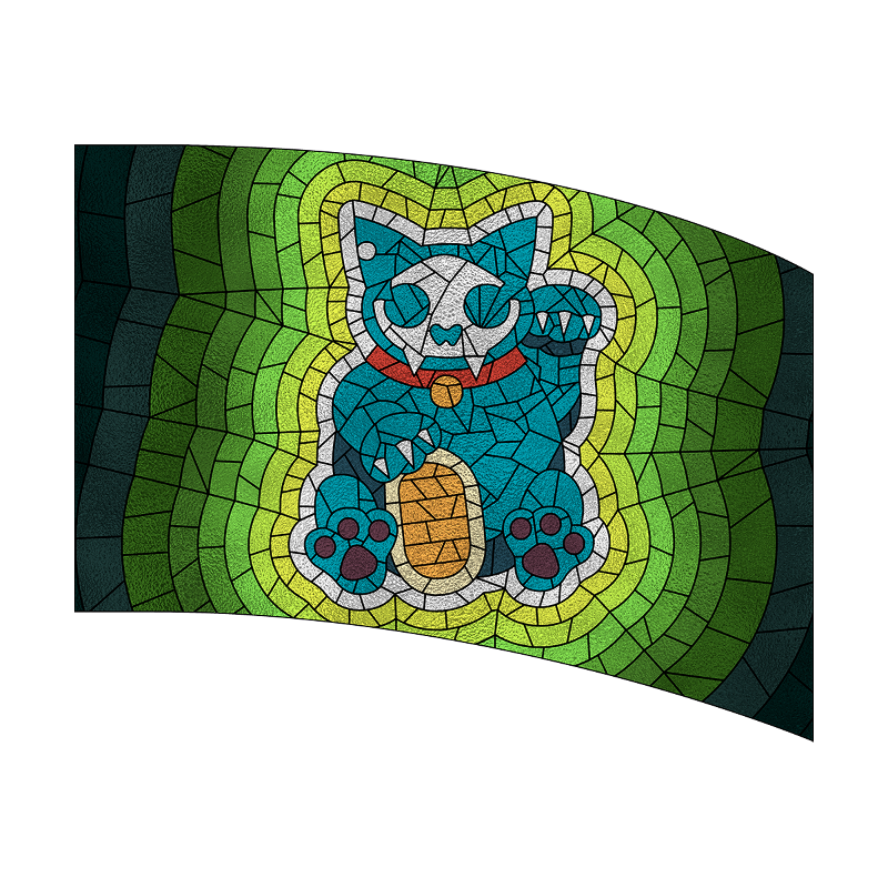 Mosaic art of a blue cat with green and yellow background